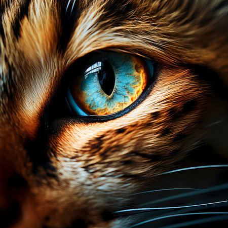 An AI-generated close-up of a cat's captivating amber eyes, ideal for bold animal themesの素材