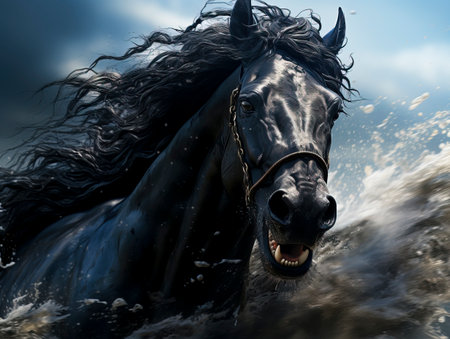 An AI-crafted image of a black horse, perfect for dramatic equine artwork.の素材