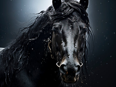 An AI-crafted image of a black horse, perfect for dramatic equine artwork.の素材
