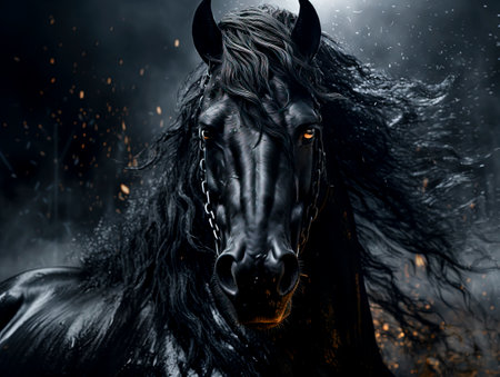 An AI-crafted image of a black horse, perfect for dramatic equine artwork.の素材