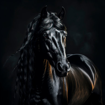 An AI-crafted image of a black horse, perfect for dramatic equine artwork.の素材