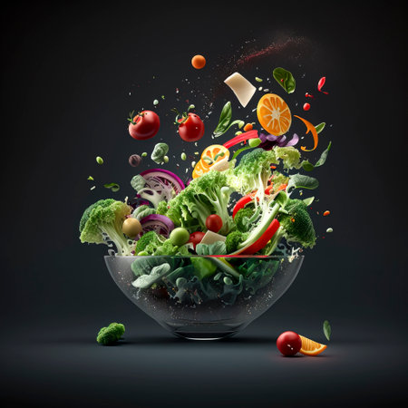 Dynamic salad splash, ideal for fresh culinary presentationsの素材