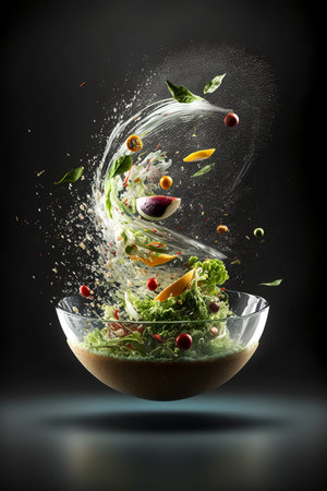 Dynamic salad splash, ideal for fresh culinary presentationsの素材