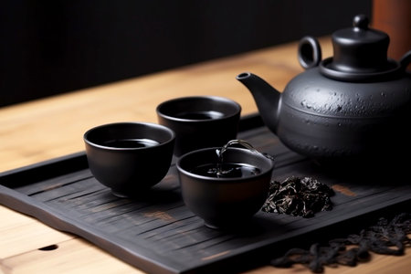 A serene tea set, ideal for themes of tranquility and cultural cuisine.の素材