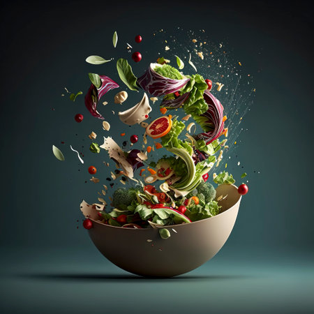 Dynamic salad splash, ideal for fresh culinary presentationsの素材