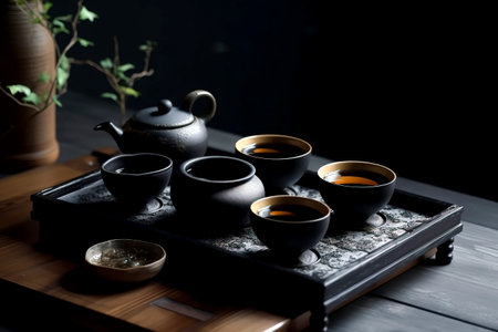A serene tea set, ideal for themes of tranquility and cultural cuisine.の素材
