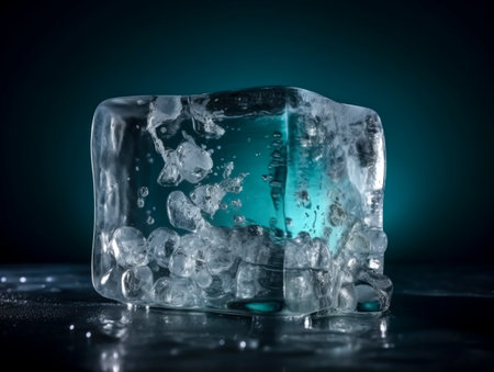 Elegant, high-definition ice cube slowly melting, perfect for climate change themes.の素材