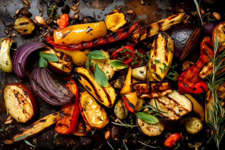 Roasted veggies with herbs, perfect for culinary arts and healthy eating visuals.の素材