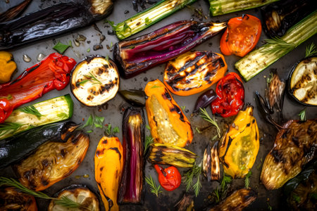 Roasted veggies with herbs, perfect for culinary arts and healthy eating visuals.の素材