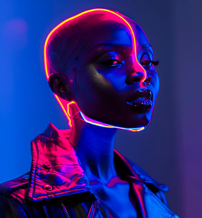 Striking portrait with neon lighting, ideal for beauty and culture themesの素材