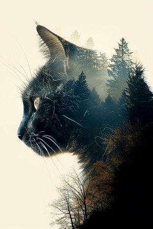 Artistic rendition of a cat against a mountainous backdrop, great for creative projects.の素材