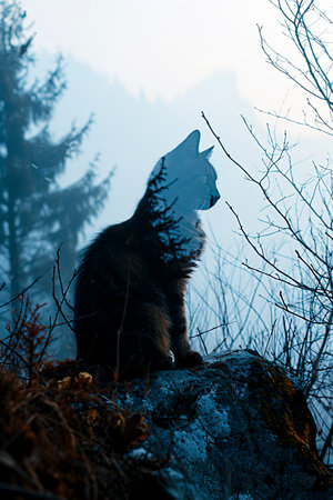 A captivating double exposure image blending a cat with a forest scene, ideal for artistic concepts.の素材