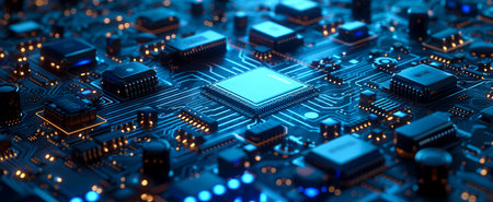 Advanced motherboard circuitry, perfect for technology and computing concepts.の素材