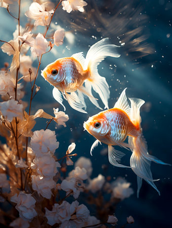 Golden Koi Fish Dancing in Swirls of Water, Graceful Elegance, created with Generative AI technologyの素材