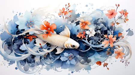 A vibrant koi fish swims among blooming flowers, a serene image blending aquatic life with watercolor artistry.の素材