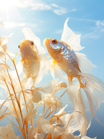 Golden Fish Duo Gliding Through Sunlit Waters created with Generative AI technologyの素材