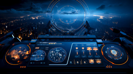 High-tech HUD elements over cityscape for gaming or sci-fi concepts.の素材