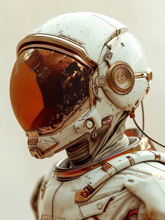 A detailed close-up of a vintage astronaut helmet, adorned with the patina of cosmic dust, evoking the golden era of space explorationの素材