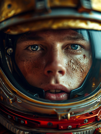 A detailed close-up of a vintage astronaut helmet, adorned with the patina of cosmic dust, evoking the golden era of space explorationの素材