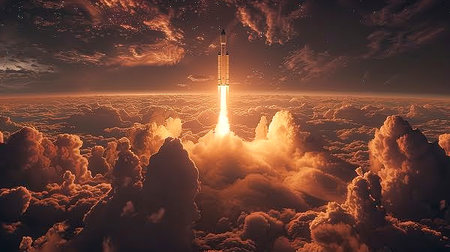 A rocket piercing the night, its engines ablaze with light and surrounded by billowing clouds, embodies power and human innovationの素材