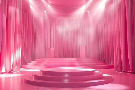 A dreamy, pink-lit stage enveloped in soft fog, illuminated by spotlights, perfect for showcasing fashion, music, or theatrical performancesの素材