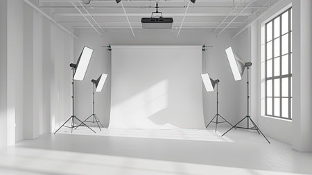 A black and white photo showcasing a professional photography studio setup with high-quality lighting equipment. Ideal for advertising photography services or educational content about studio photography.の素材