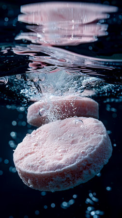 A dynamic moment frozen in time, this image showcases an effervescent tablet halved and suspended mid-dissolve, with bubbles rising in the water. Perfect for healthcareの素材