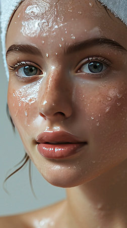 Close-up of a woman with cleansing foam, highlighting a fresh skincare ritualの素材