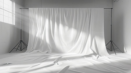 Elegant white curtains bathed in soft sunlight, perfect for tranquil scenesの素材