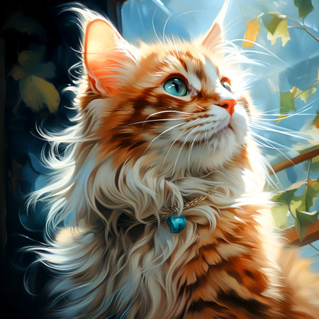 Ethereal White Longhair Cat Amidst Green Foliage, a Fantasy Portrait, created with Generative AI technologyの素材