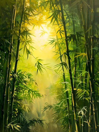 Ethereal bamboo stalks rise into the soft mist, creating a tranquil natural sanctuary.の素材