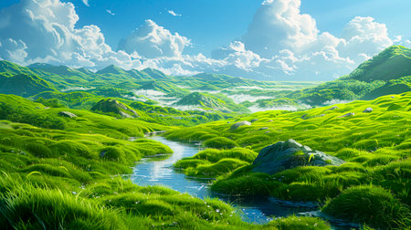 Rolling hills blanketed in green and speckled with wildflowers under a peaceful skyの素材