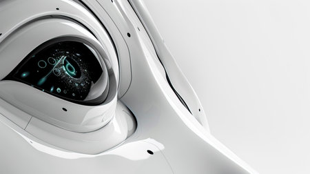 A detailed view of a robot's eye, symbolizing advanced surveillance.の素材
