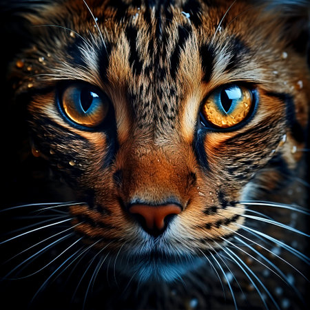 Captivating close-up of a tiger-striped cat with deep blue eyes, exuding wild beautyの素材