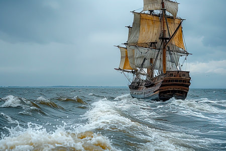 A majestic tall ship braves the turbulent waters, embodying the spirit of explorationの素材