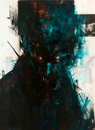 An intense abstract portrait evoking deep emotions through dark and textured brush strokes.の素材