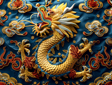 Exquisite dragon embroidery, a masterpiece of textile craftsmanship.の素材