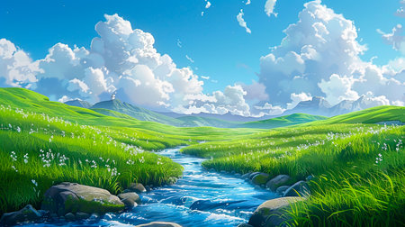 Rolling hills blanketed in green and speckled with wildflowers under a peaceful skyの素材