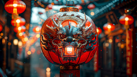 A vibrant red lantern casts a mystical glow, setting an atmospheric scene on an Asian street.の素材
