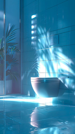 A minimalist bathroom design highlighted by the clean lines of a ceramic toilet in sunlight.の素材