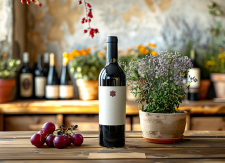 A blank-labeled wine bottle amidst a rustic setting, inviting custom branding.の素材
