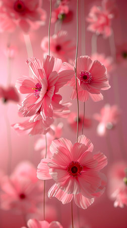 Vibrant pink cherry blossoms draped gracefully against a warm backdropの素材