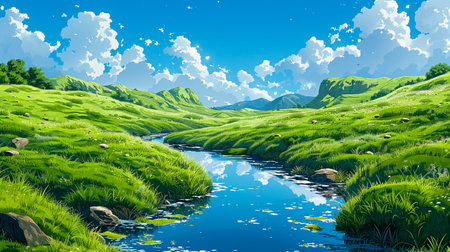 Rolling hills blanketed in green and speckled with wildflowers under a peaceful skyの素材