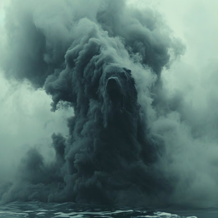 A smoke monster looms over an urban street, a surreal scene for creative storytelling.の素材