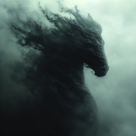 A smoke monster looms over an urban street, a surreal scene for creative storytelling.の素材