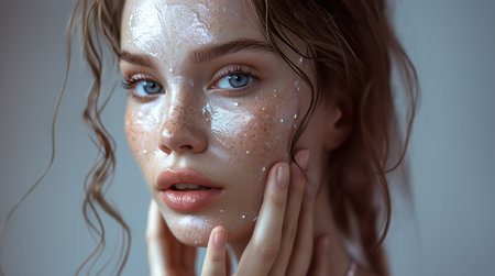 Close-up of a woman with cleansing foam, highlighting a fresh skincare ritualの素材