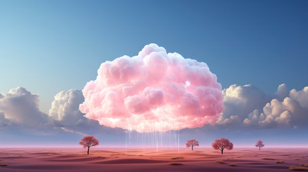 Celestial Pink Cloud Island with Reflective Water Orb created with Generative AI technologyの素材