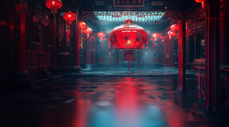 A vibrant red lantern casts a mystical glow, setting an atmospheric scene on an Asian street.の素材