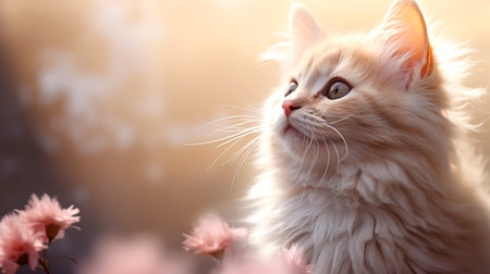 A charming, fluffy white kitten with large, glistening eyes, perfect for children's illustrations.の素材