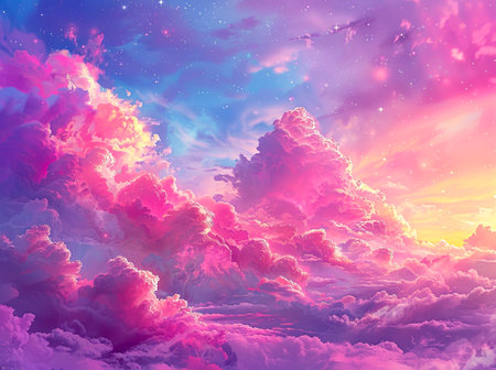 A dreamlike skyscape with fluffy clouds bathed in pink and blue hues, evoking a sense of wonderの素材